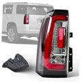 Left LED tail light assembly with red lens and chrome housing, includes wiring connector.