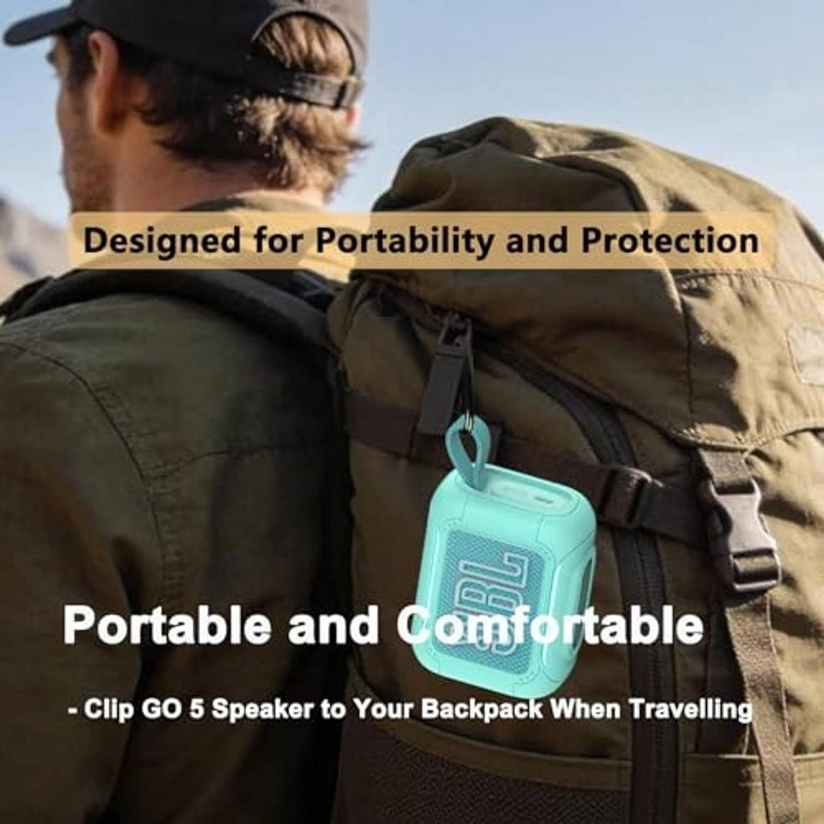 Teal silicone speaker cover case clipped to a backpack using a metal carabiner