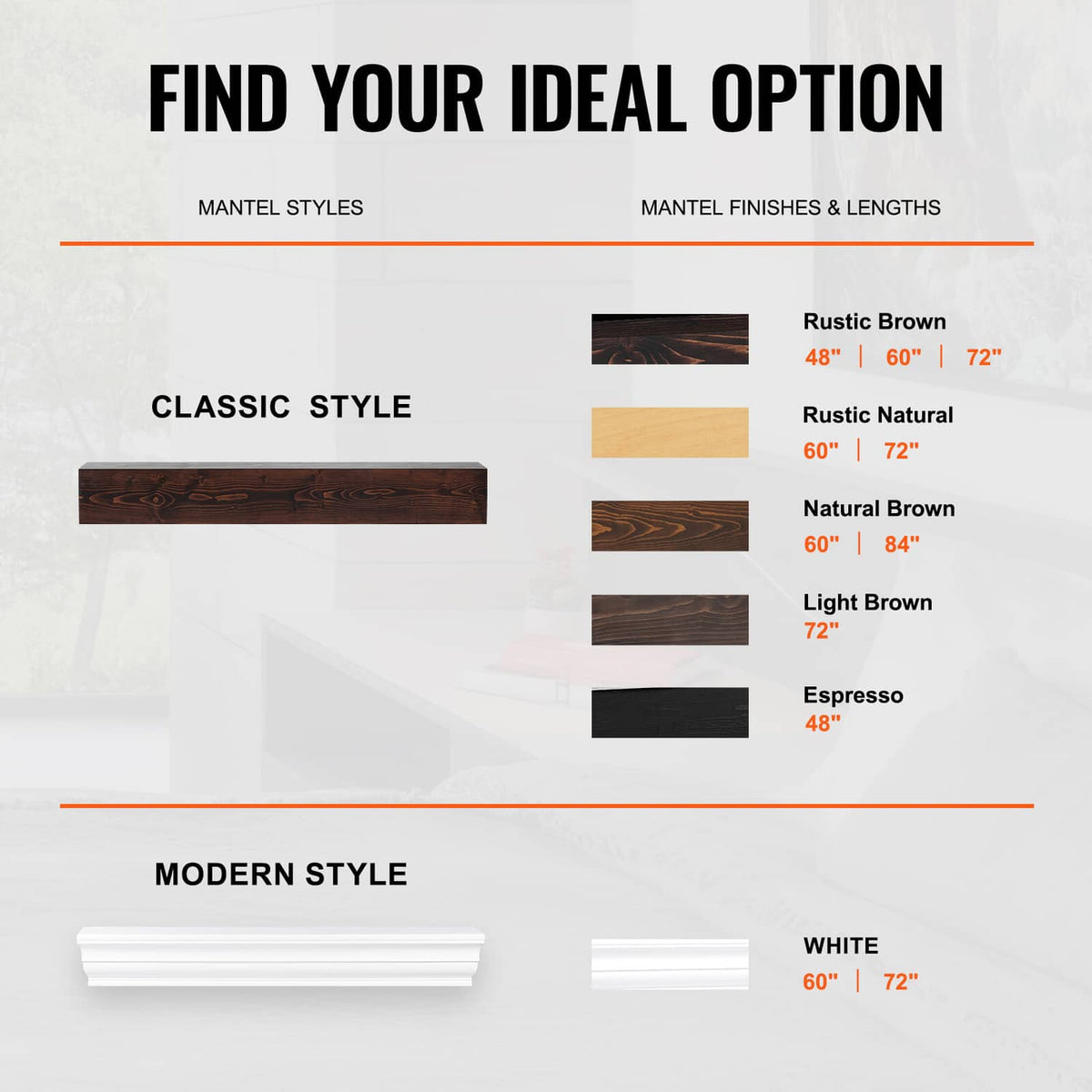 Rustic brown wood mantel shelf options display with different finishes and lengths