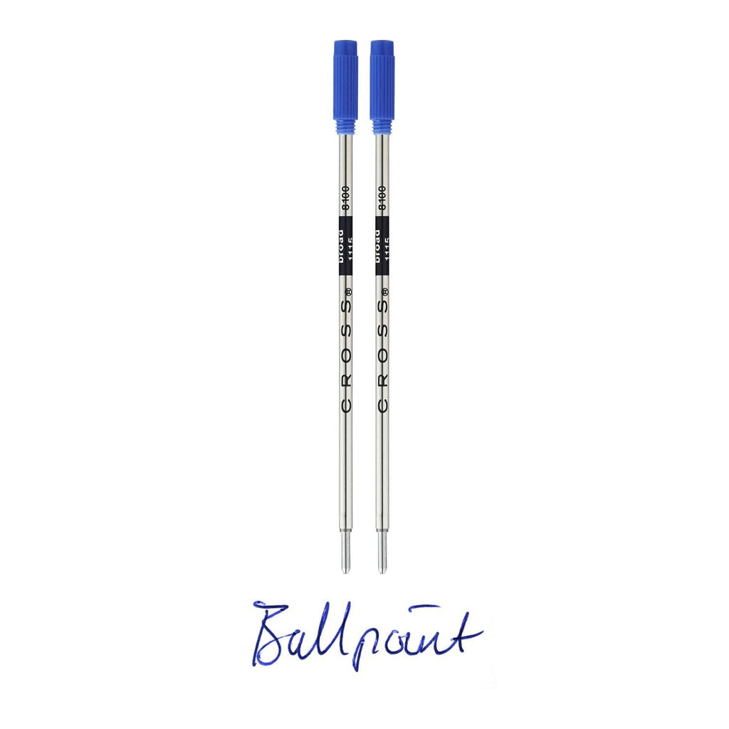 Two blue broad ballpoint pen refills with clear metal barrels and blue caps