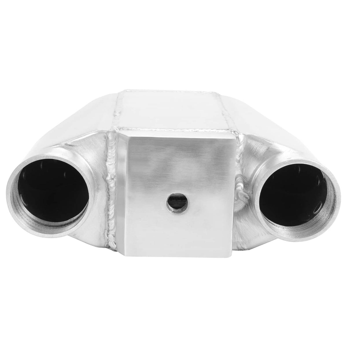 Universal air-to-water intercooler rear view with two round ports and central threaded mount