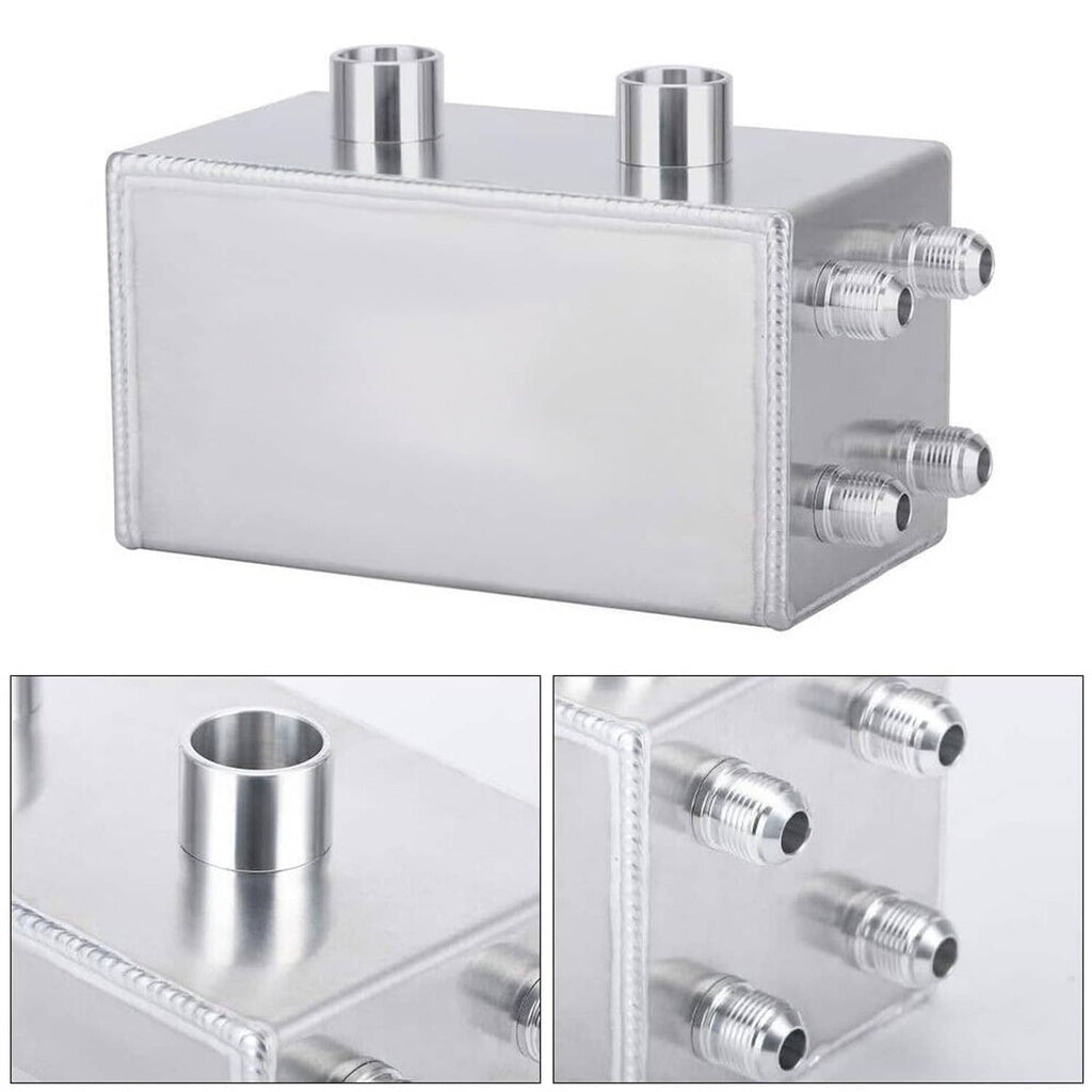 Aluminum oil catch can with twin inlet/outlet ports and barbed fittings