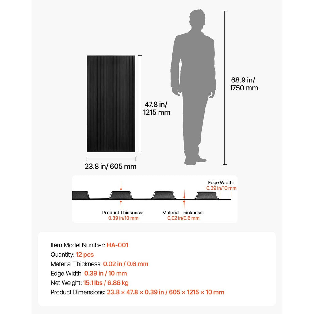 Black vertical linear ceiling tile panel with height and width outline
