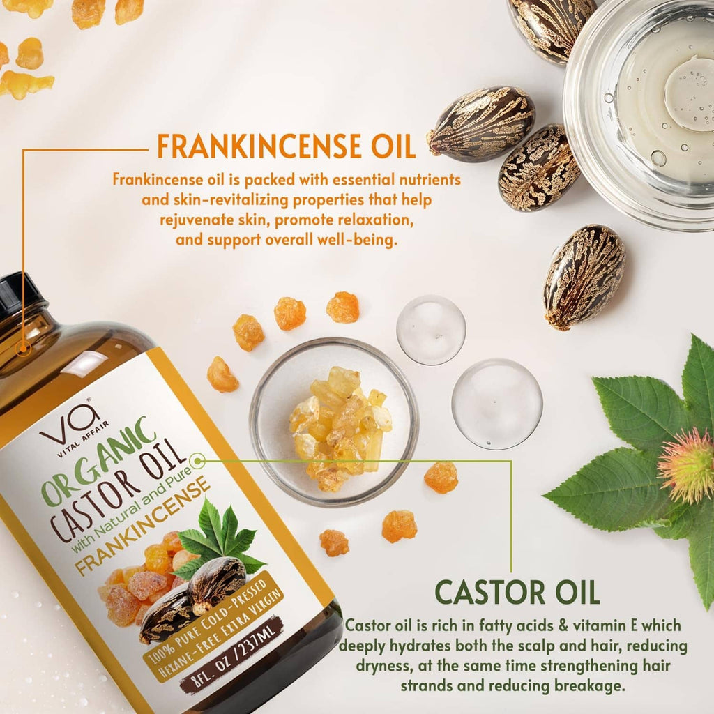 Organic castor oil with frankincense bottle with scattered seeds and small bowls
