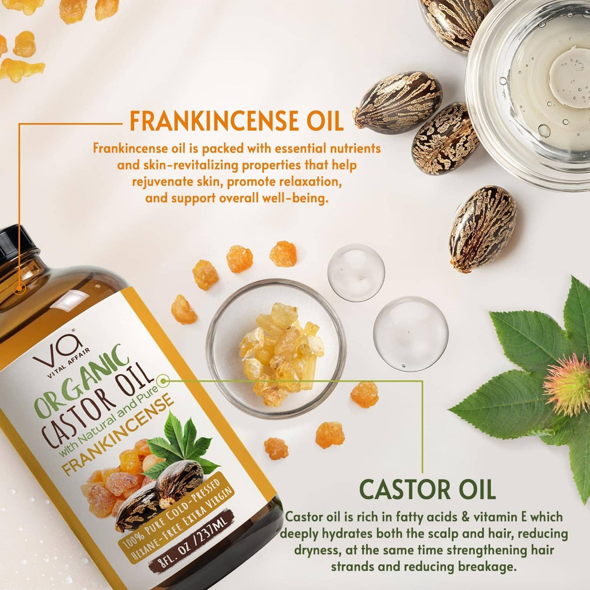 Organic castor oil with frankincense bottle with scattered seeds and small bowls