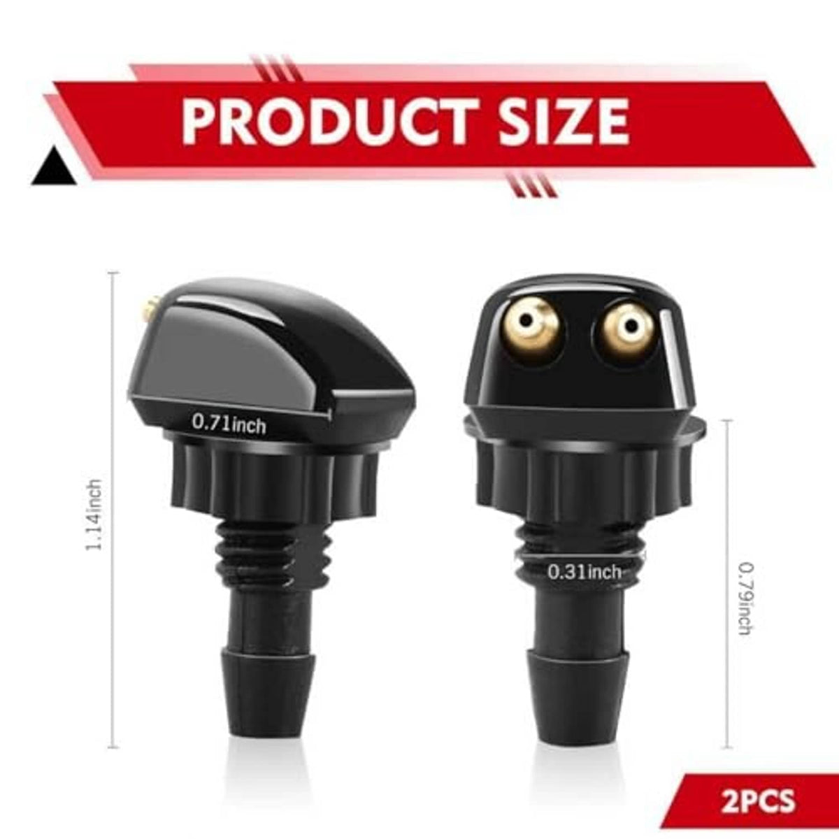 Pair of black double-hole windshield washer nozzles with visible measurement scale.