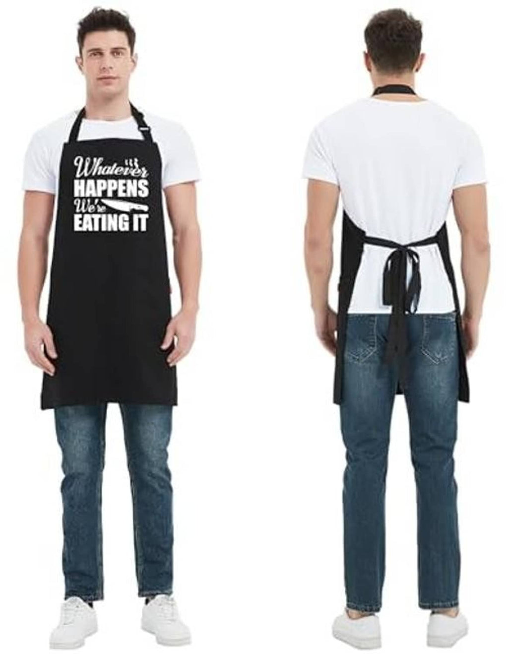 Men's black grill apron shown front and back, with neck strap, tie waist, and text print