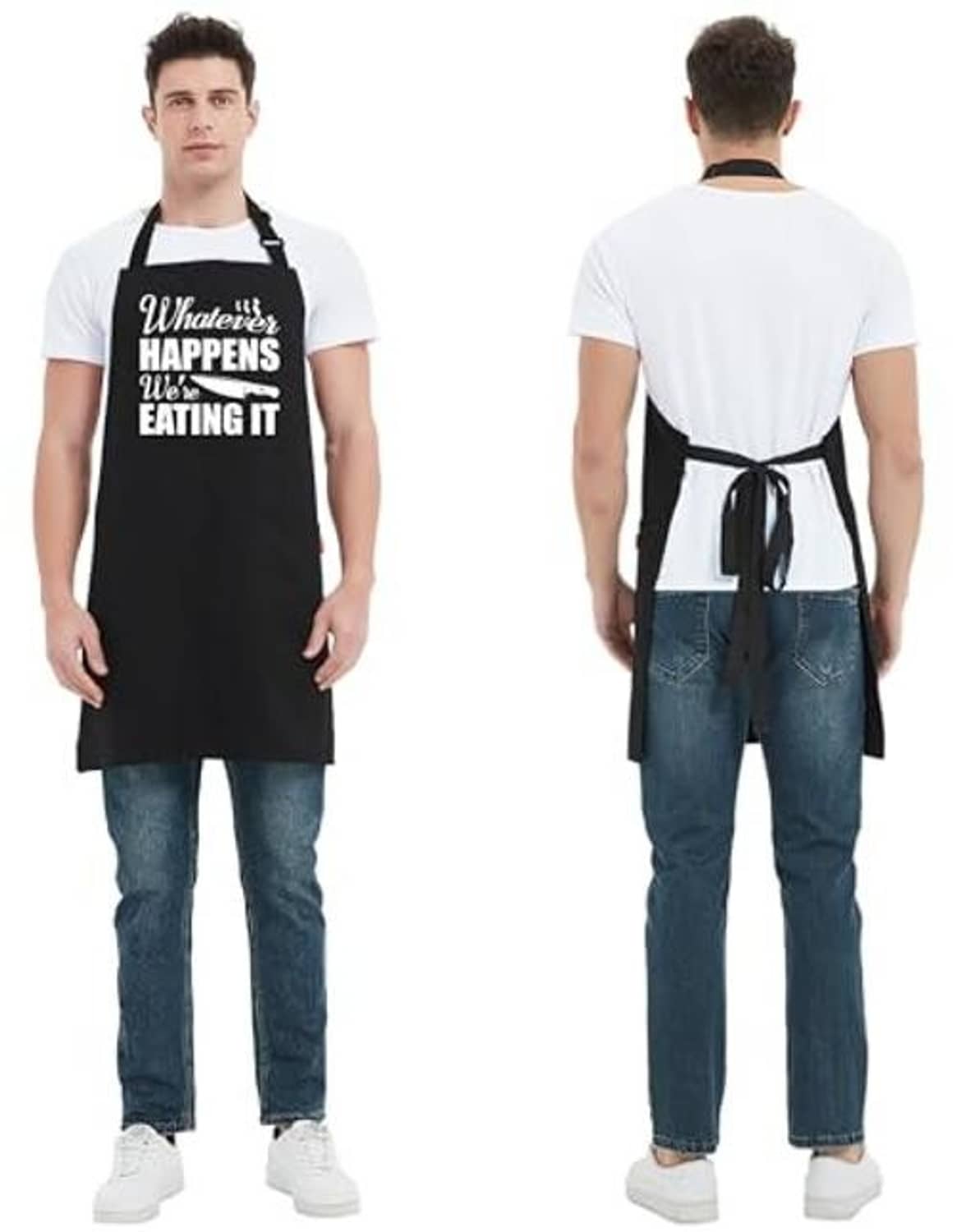 Men's black grill apron shown front and back, with neck strap, tie waist, and text print