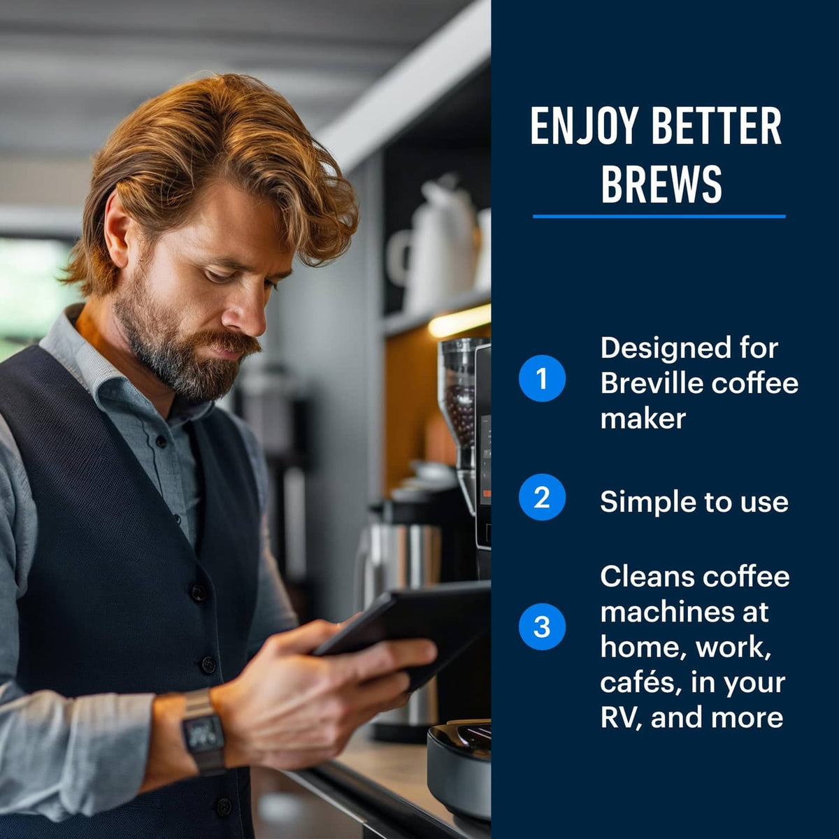 Descaling solution for coffee machines—man checking cleaning on phone