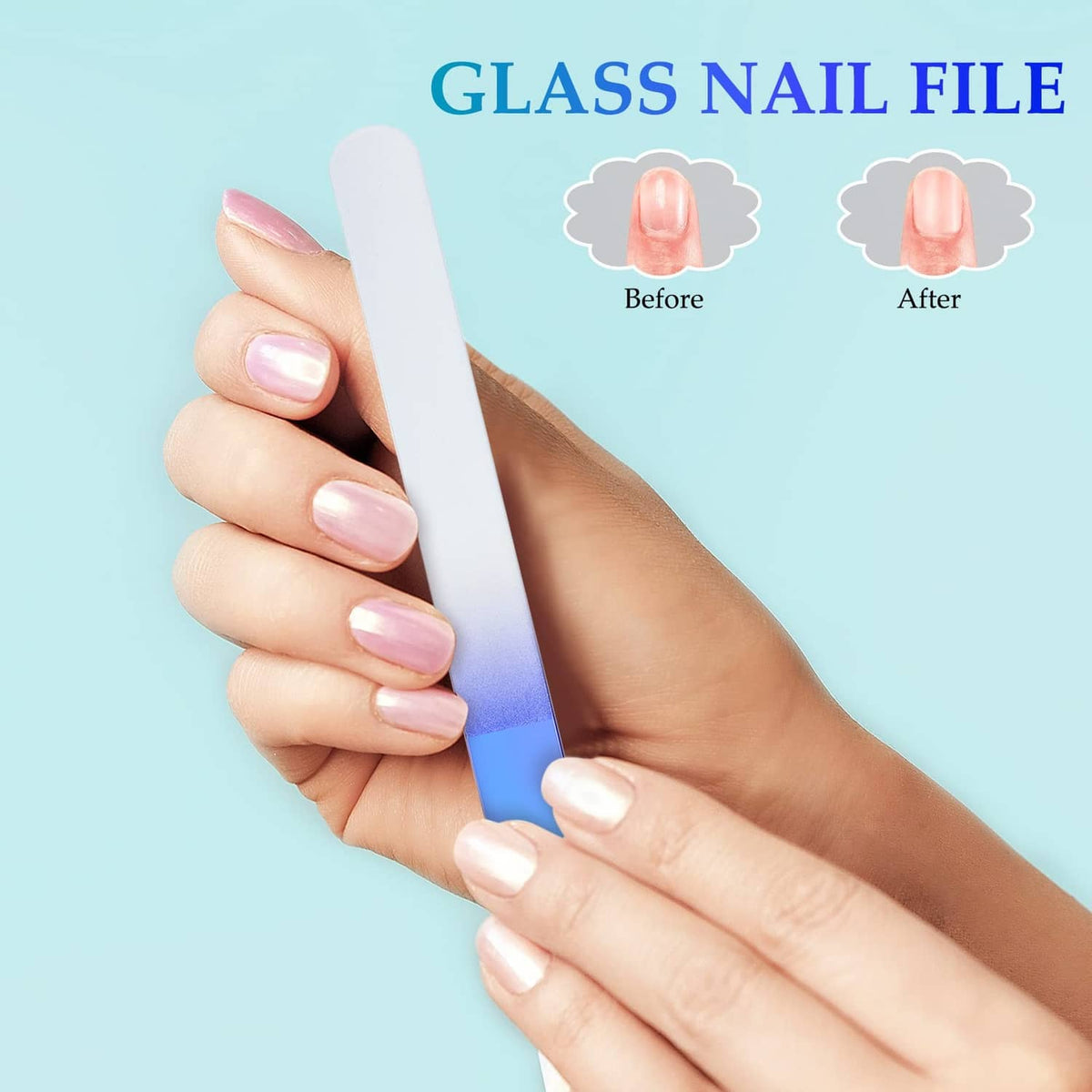 Single blue-and-white glass nail file held against fingertips for manicure