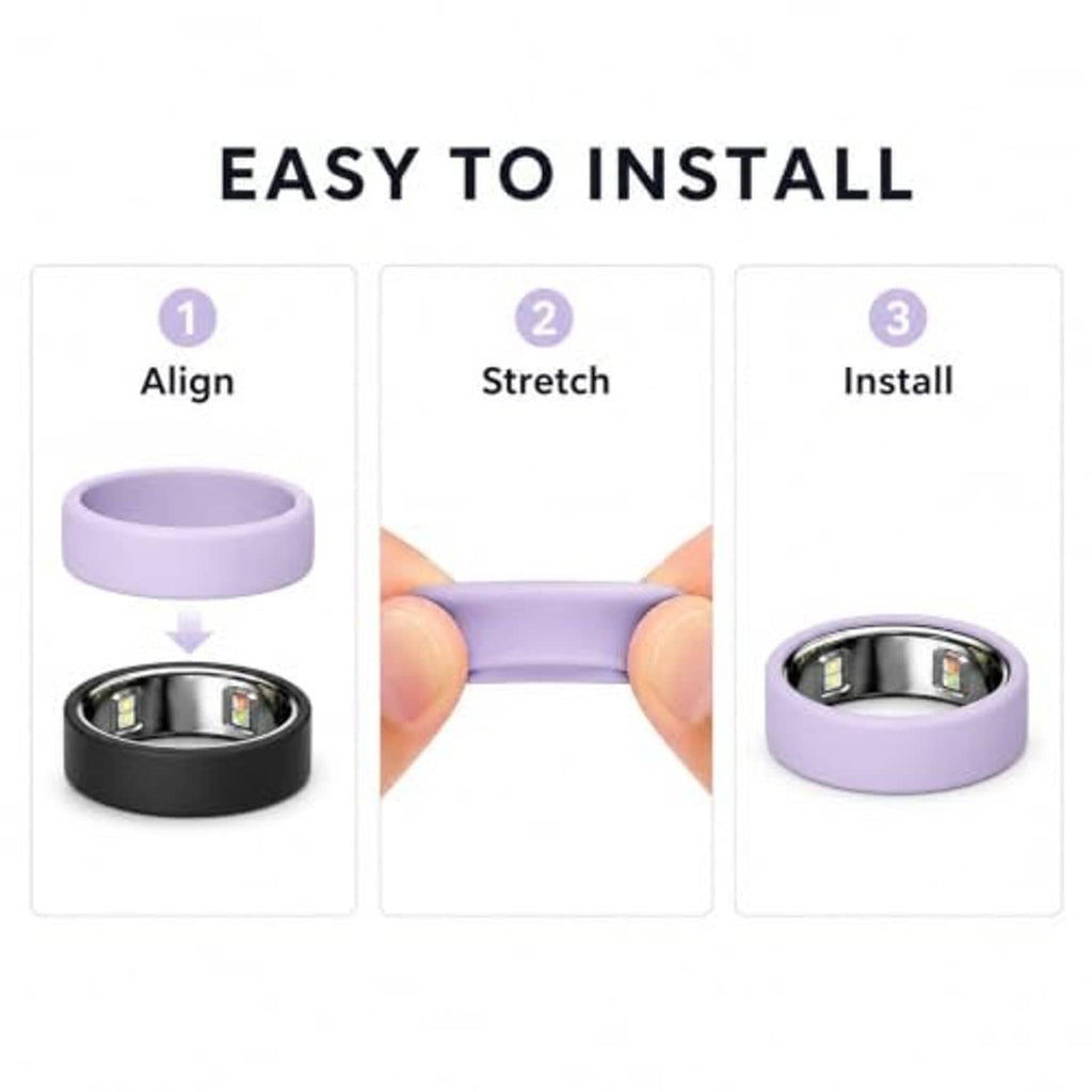 Lavender silicone ring cover being stretched and installed over a smartwatch-style sensor ring.