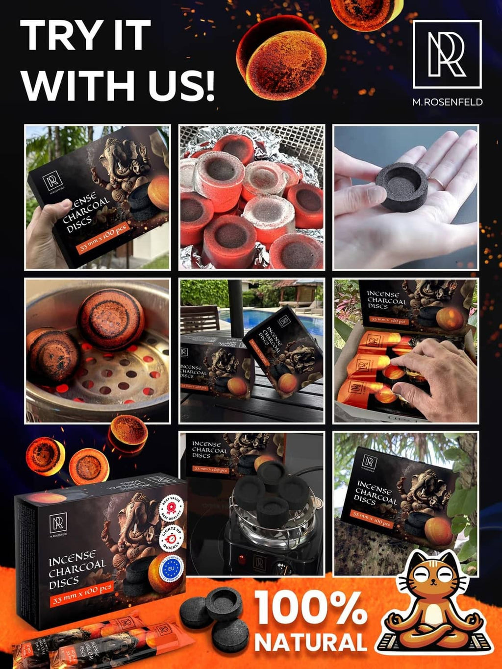 Incense charcoal discs and retail box with multiple dark coal rounds
