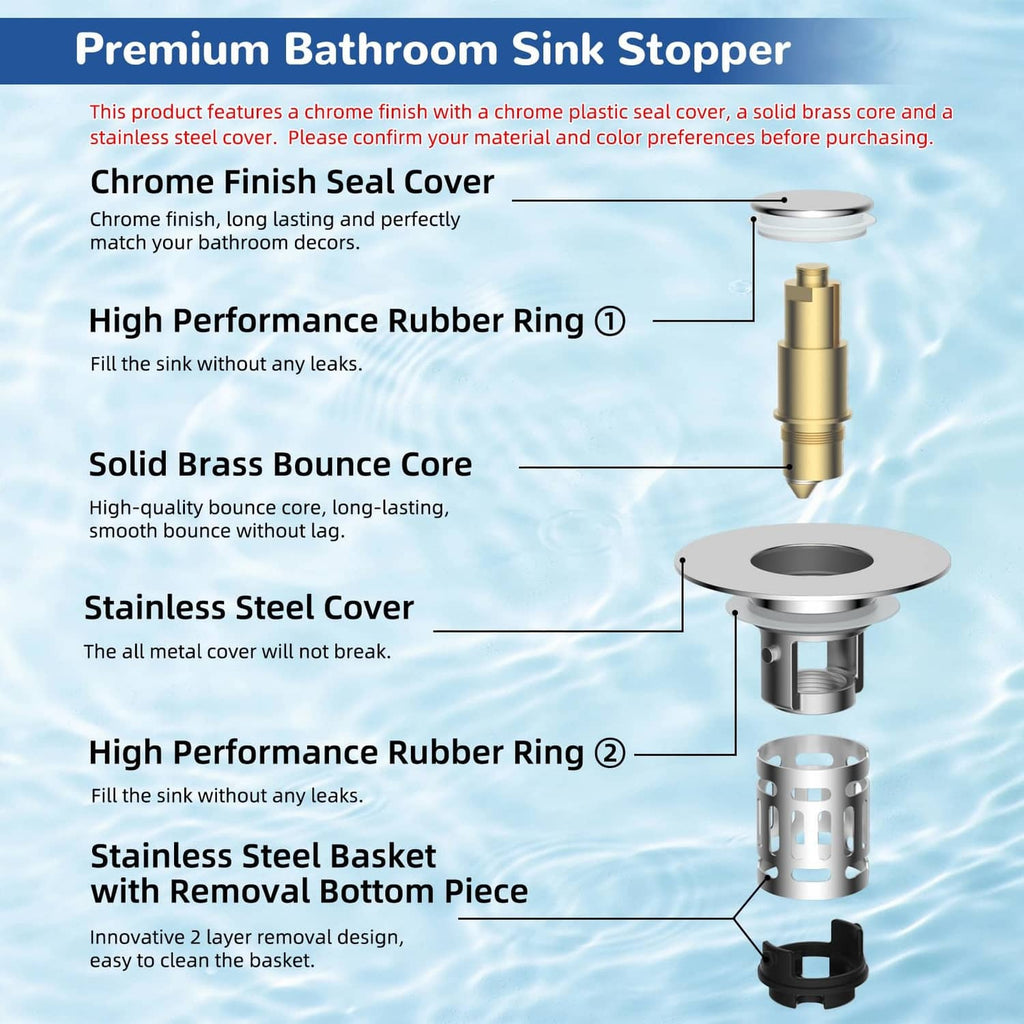 Chrome sink pop-up drain strainer with rubber rings, brass core, and stainless cover