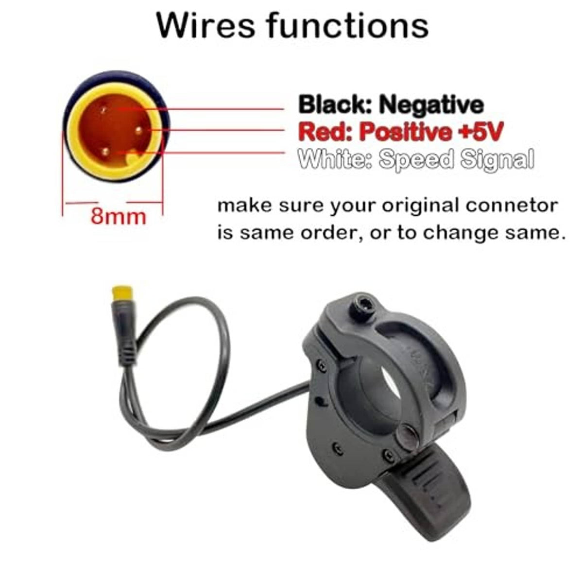 Thumb throttle wiring leads with 8mm yellow 3-pin connector plug