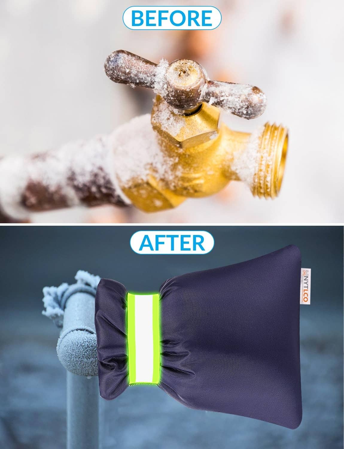 Navy faucet cover with green strip, after winter protection over an outdoor spigot