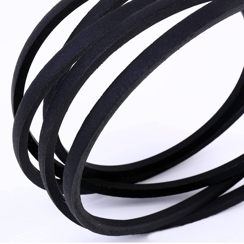 Lawn mower deck belt, close-up of black rubber belt edge and textured surface