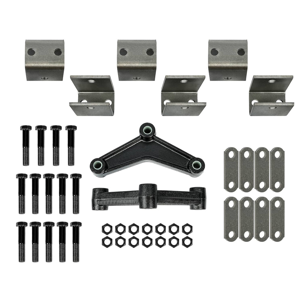 Leaf spring hanger kit with black U-link, metal brackets, bolts, washers, and plates