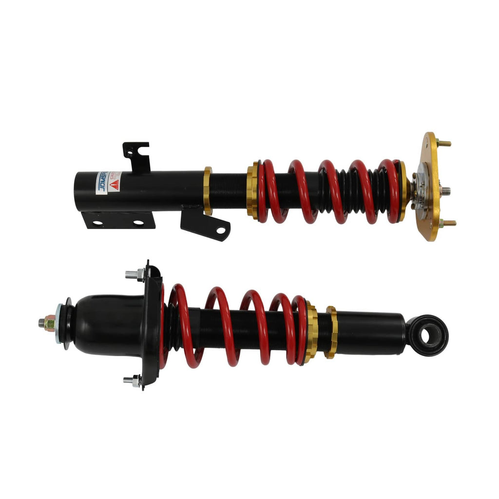 Pair of adjustable coilover struts with red springs, black bodies, gold spring seats