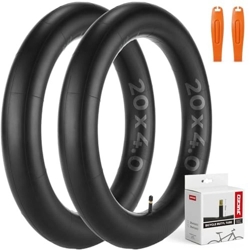 Two black 20x4.0 fat bike inner tubes with valve stem and orange tire levers