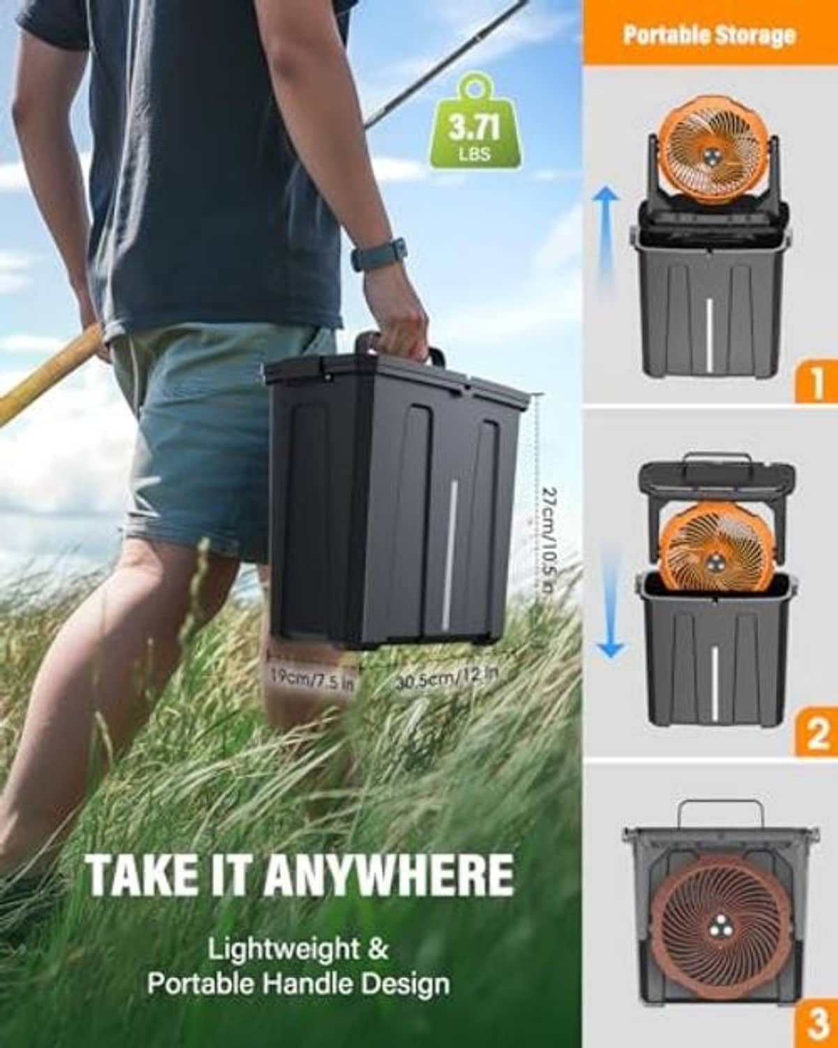 Portable misting fan with compact storage bucket and orange fan head, carry handle.