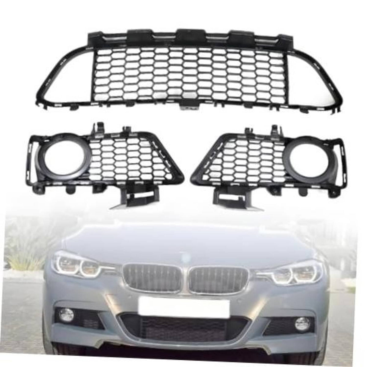 Front bumper grille set with black honeycomb mesh and fog-light openings, 3 pieces