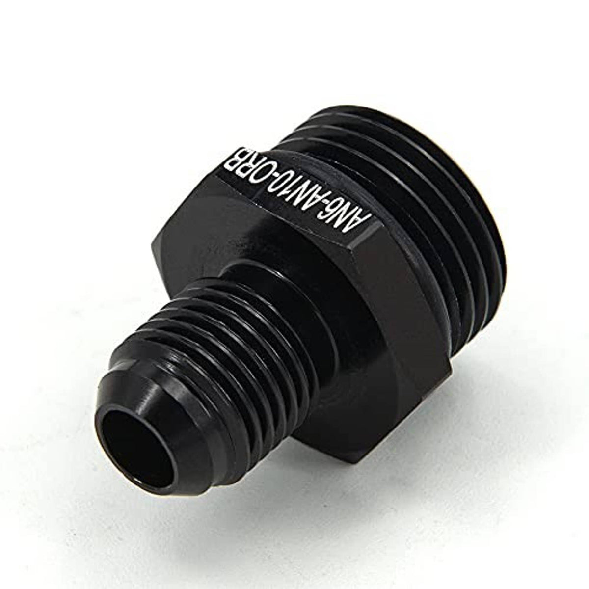 Black ORB male flare-to-AN fitting with hex base and male threaded ends