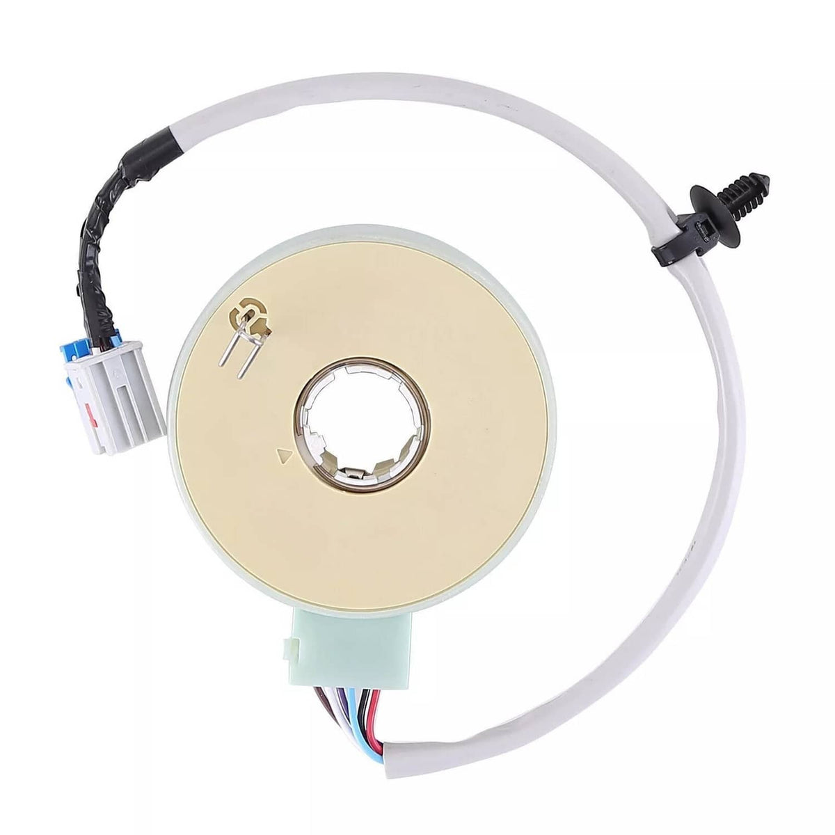 Beige circular power steering torque sensor with wiring harness and attached connector plugs
