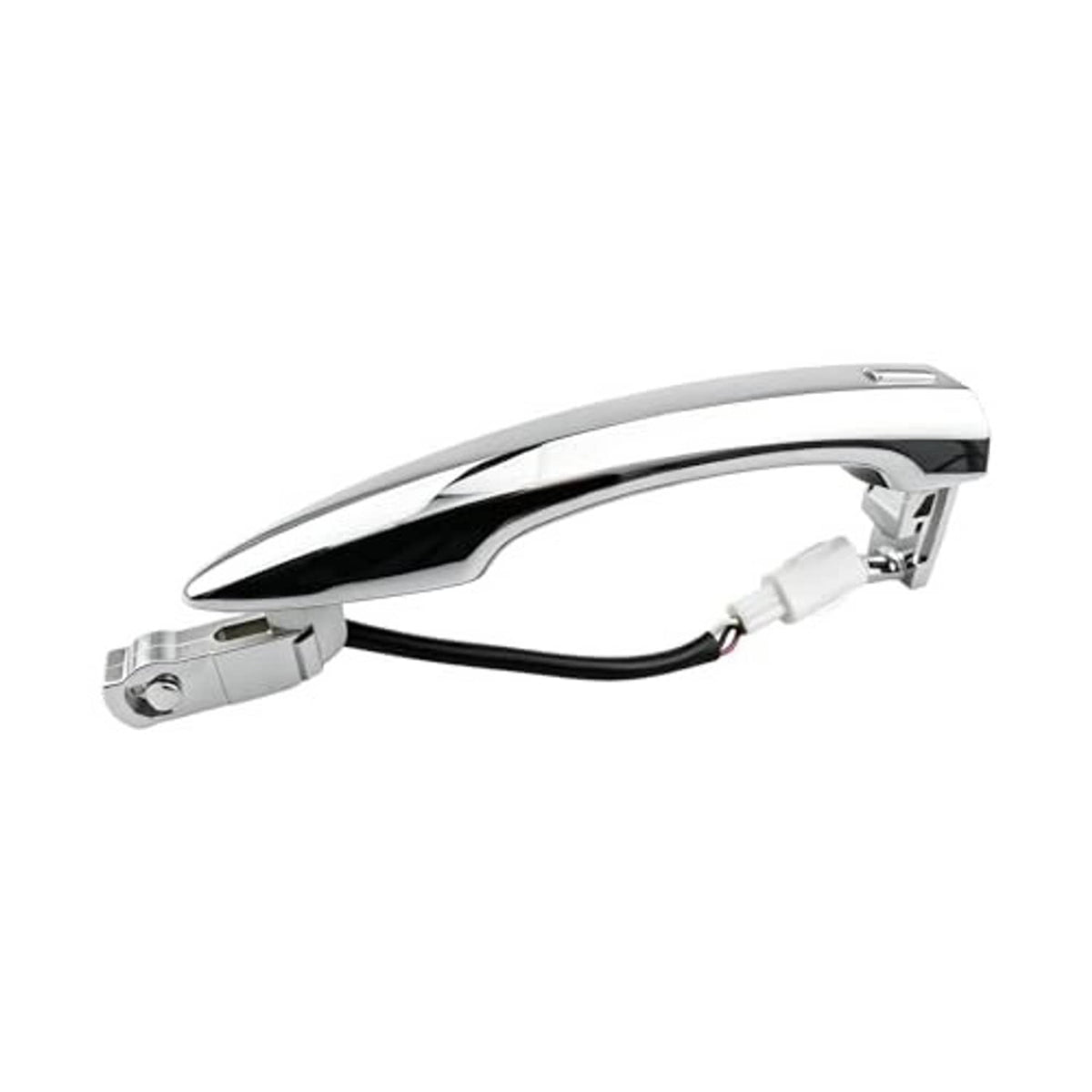 Chrome exterior door handle with white connector plug and latch bracket