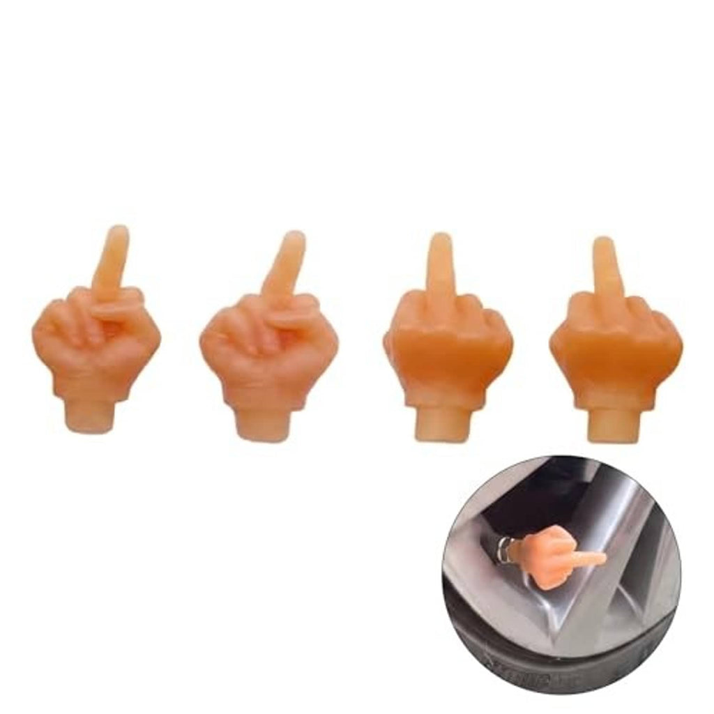 Four orange middle-finger valve stem caps with a close-up inset of one installed.