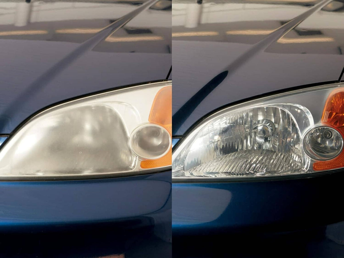 Blue car headlights, one cloudy lens and one clearer restored lens side by side