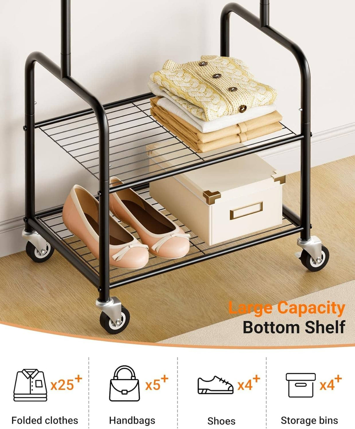 Black rack with wire shelves, bottom drawer, side rails, and casters for storage