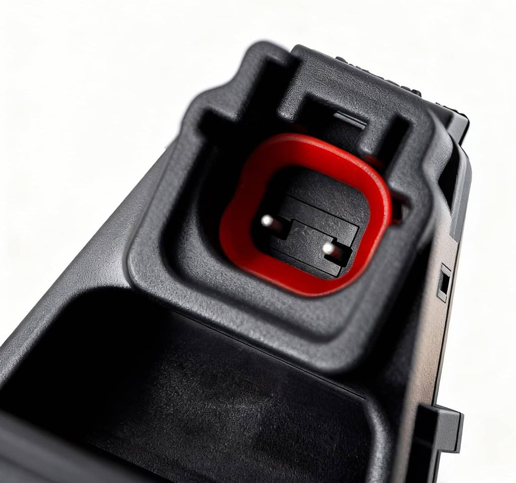 HVAC heater inlet control valve connector with red locking insert and black plug