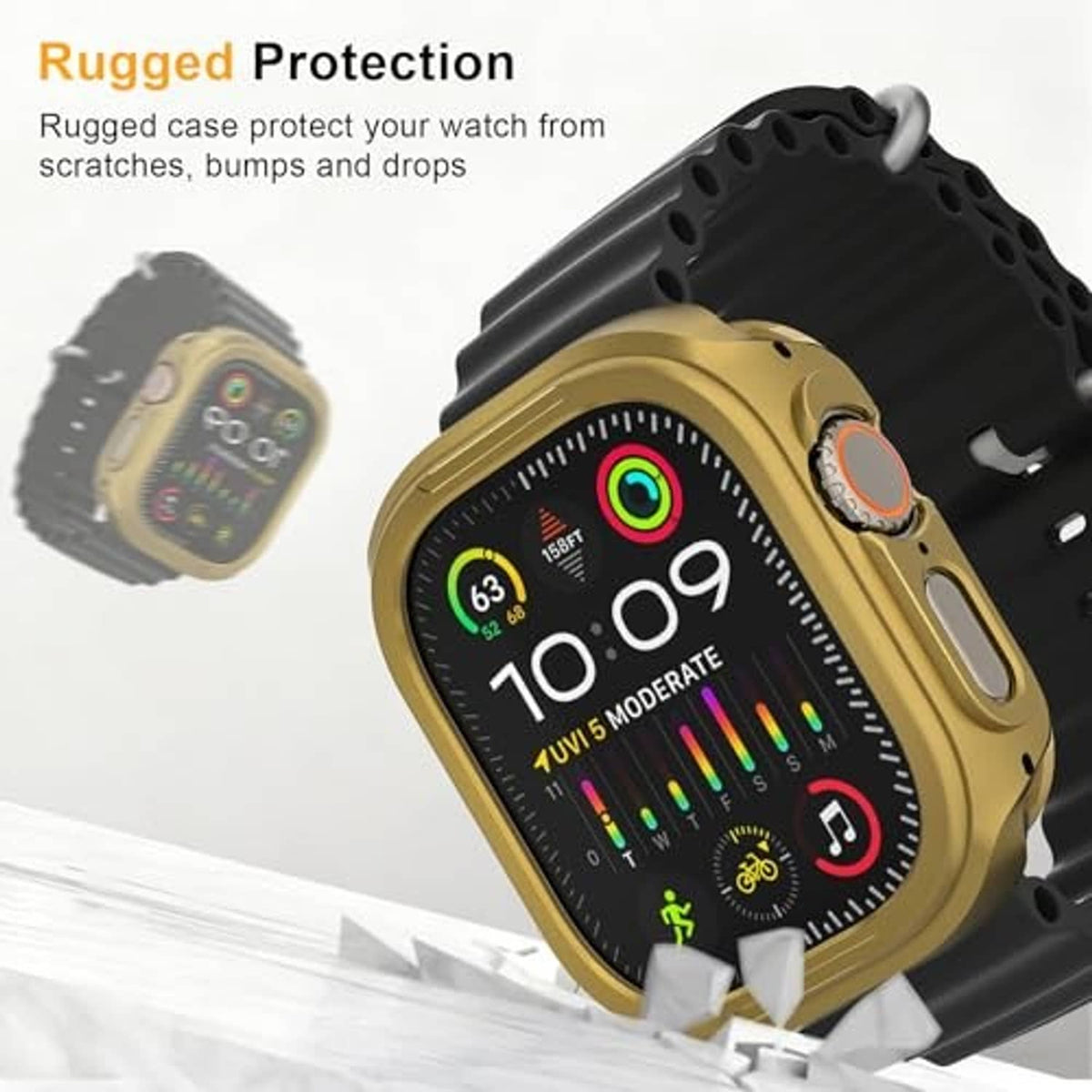 Rugged gold watch case with black band for Apple Watch Ultra, angled view.