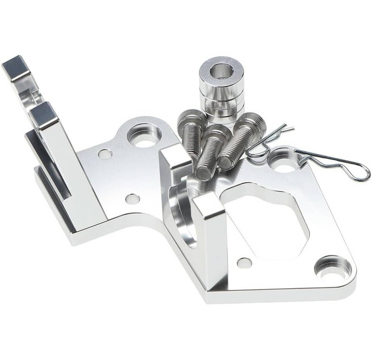 Chrome trans shifter cable bracket with two upright mounts and screw hardware included