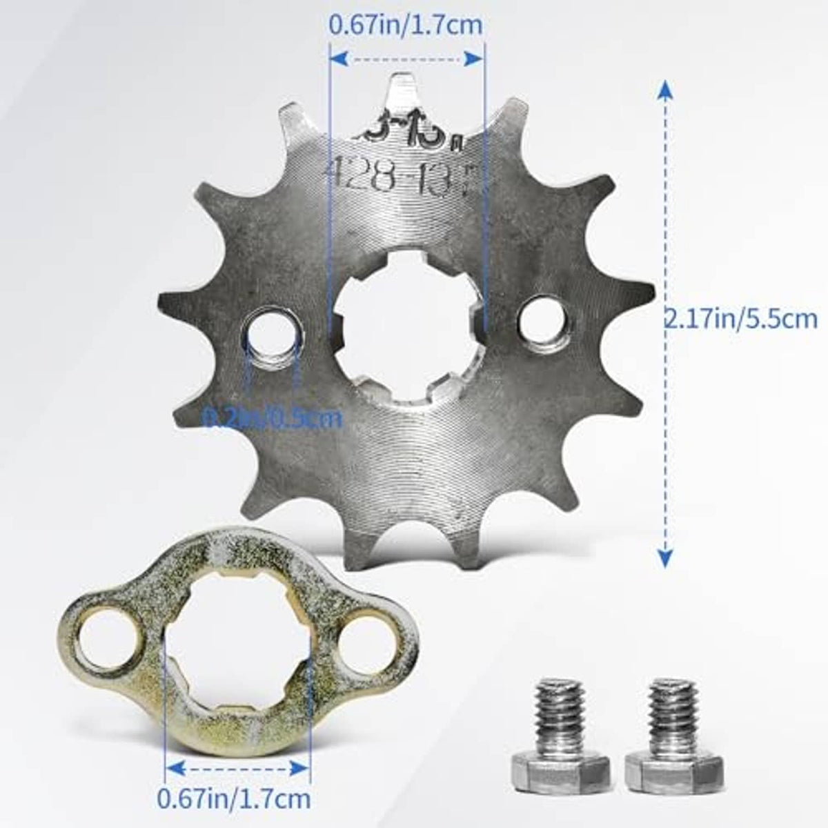 Front engine sprocket kit set with sprocket gear, mounting ring, and two screws