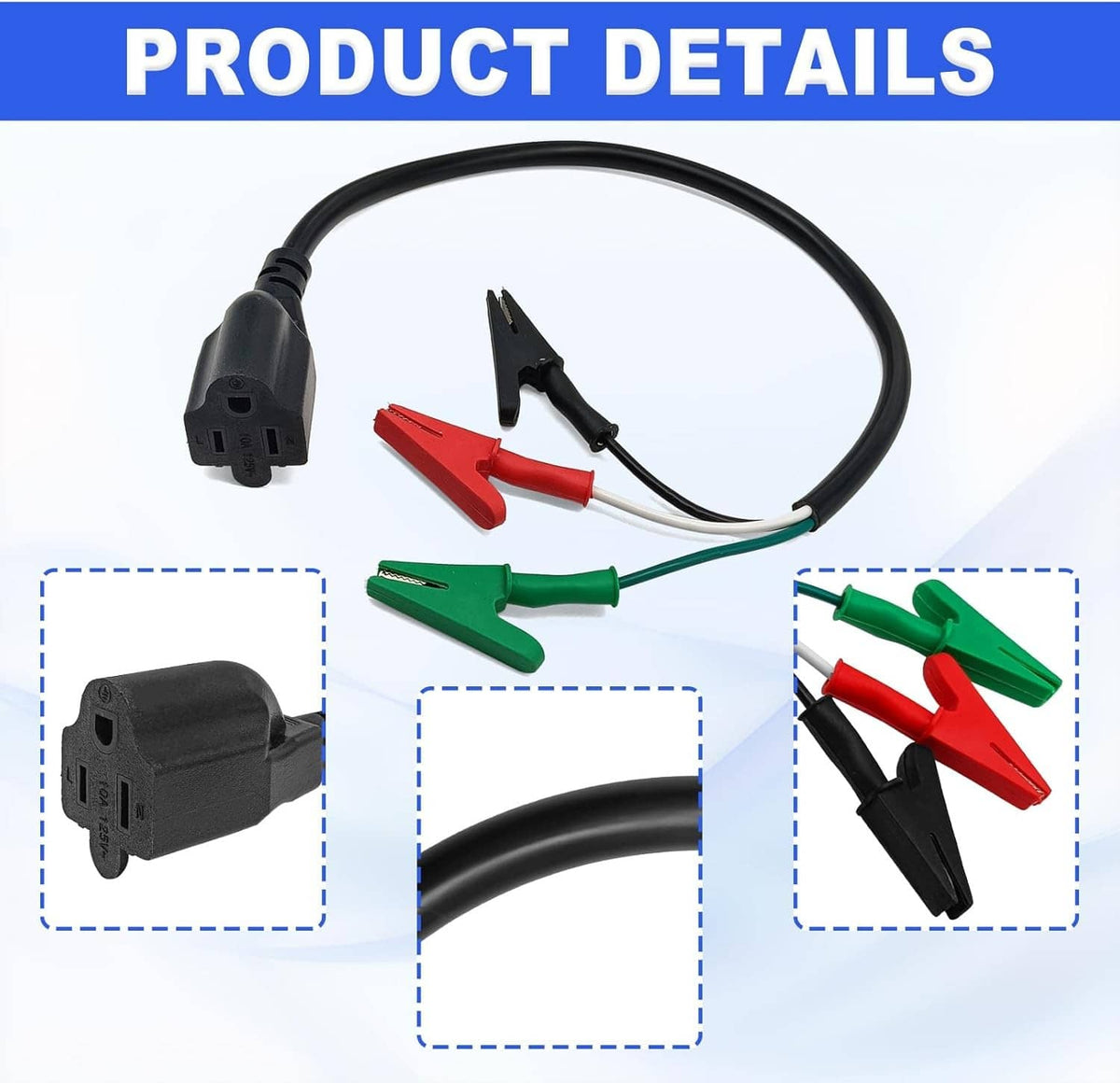 HVAC tool kit accessory set: black power cord with three colored alligator clips