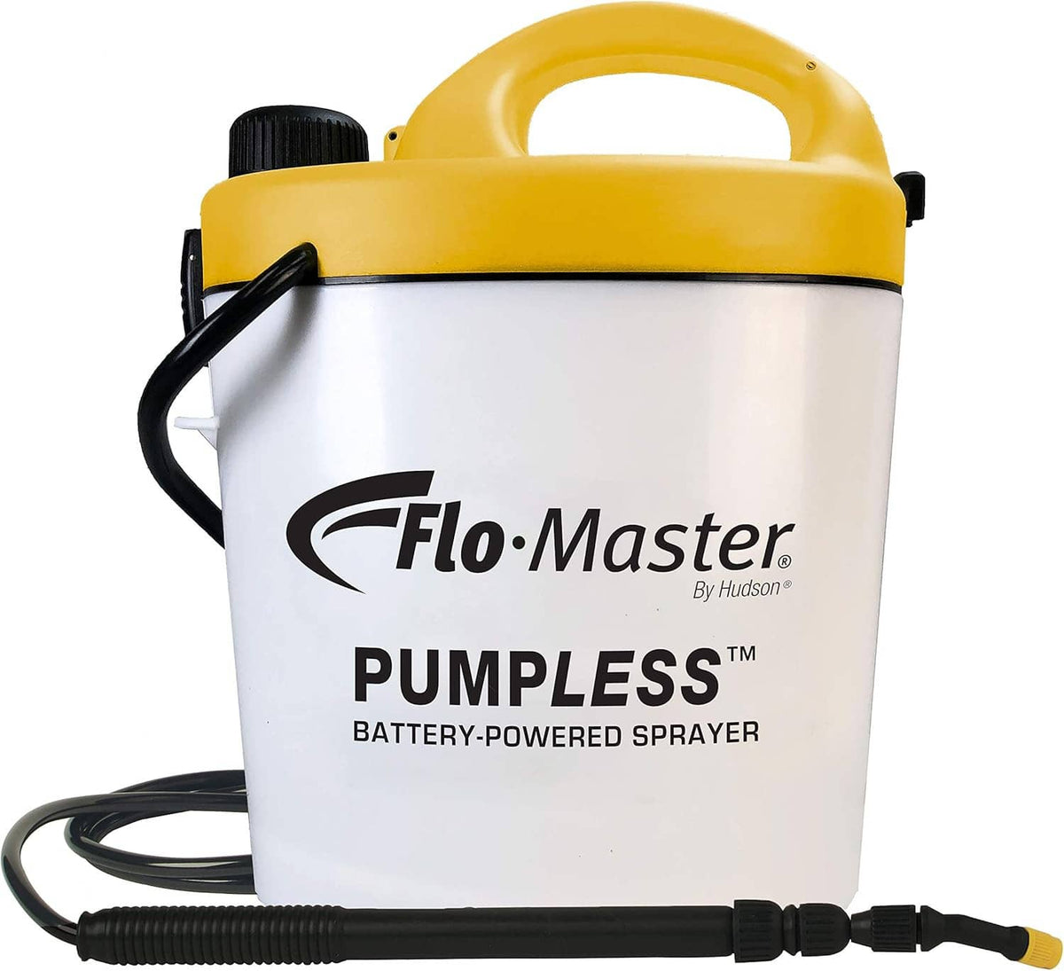 Flo-Master PUMPLESS battery-powered sprayer with yellow handle and black hose