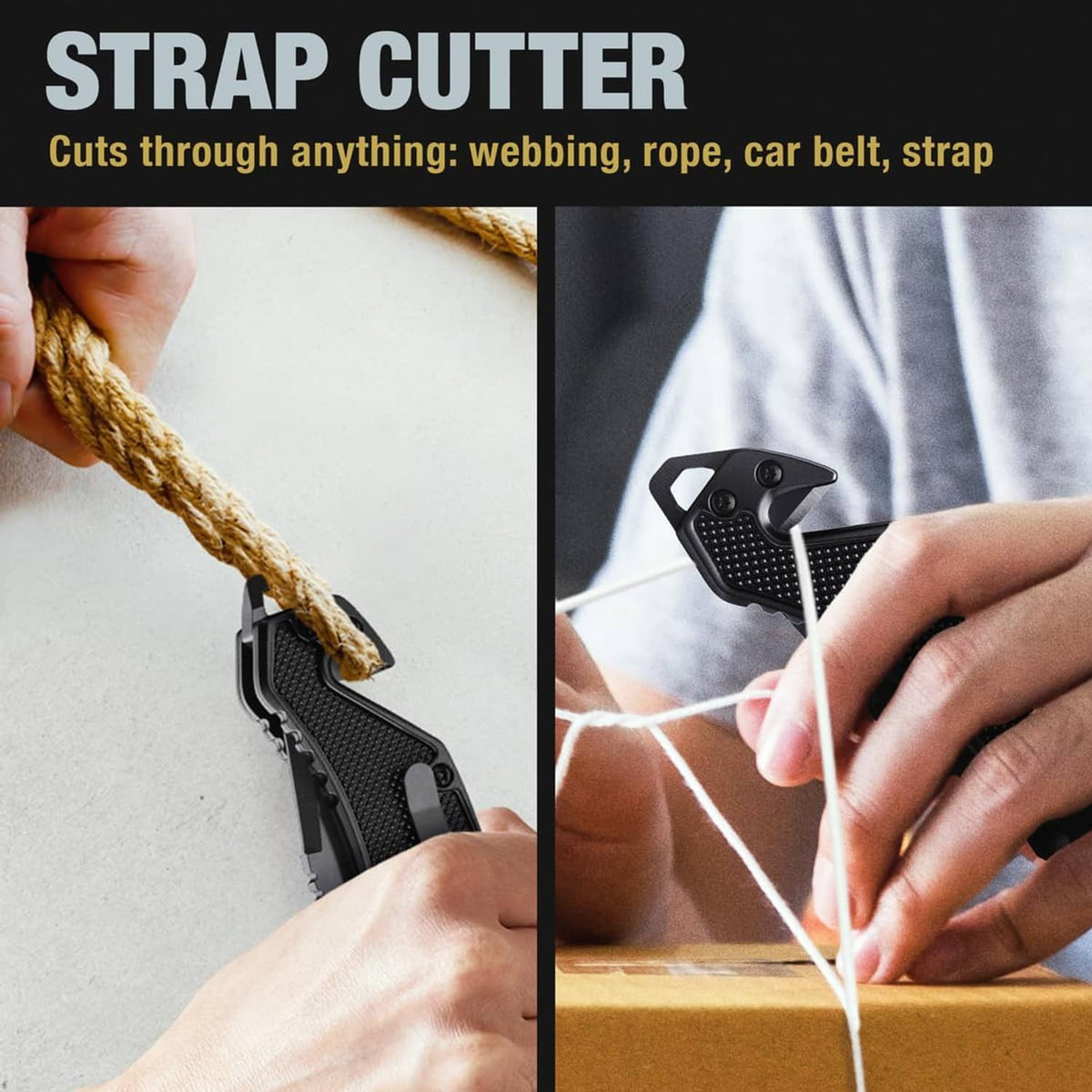 Black pocket knife handle cutting rope with a built-in strap cutter