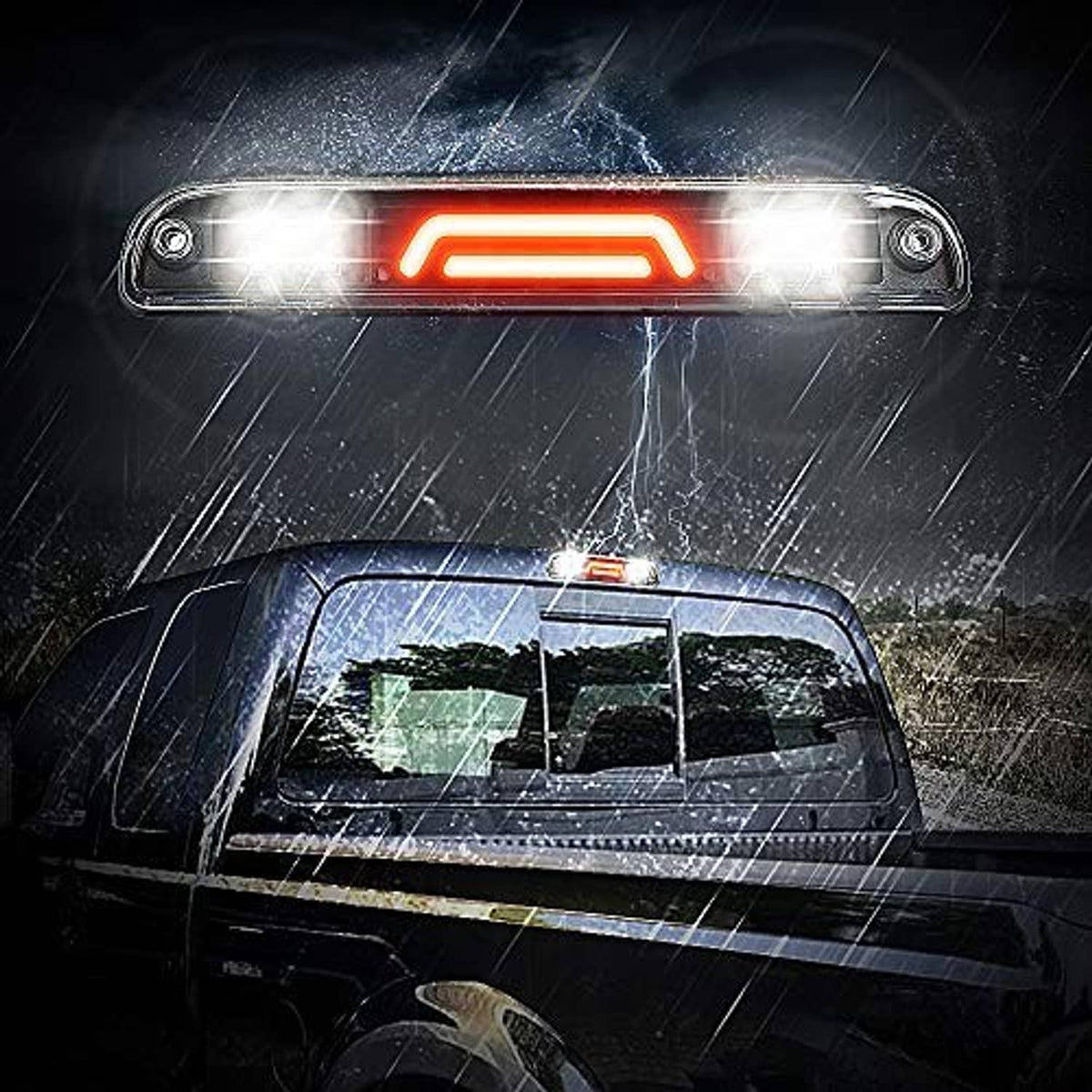 Third brake light with lit red LED bar centered in clear rectangular lens