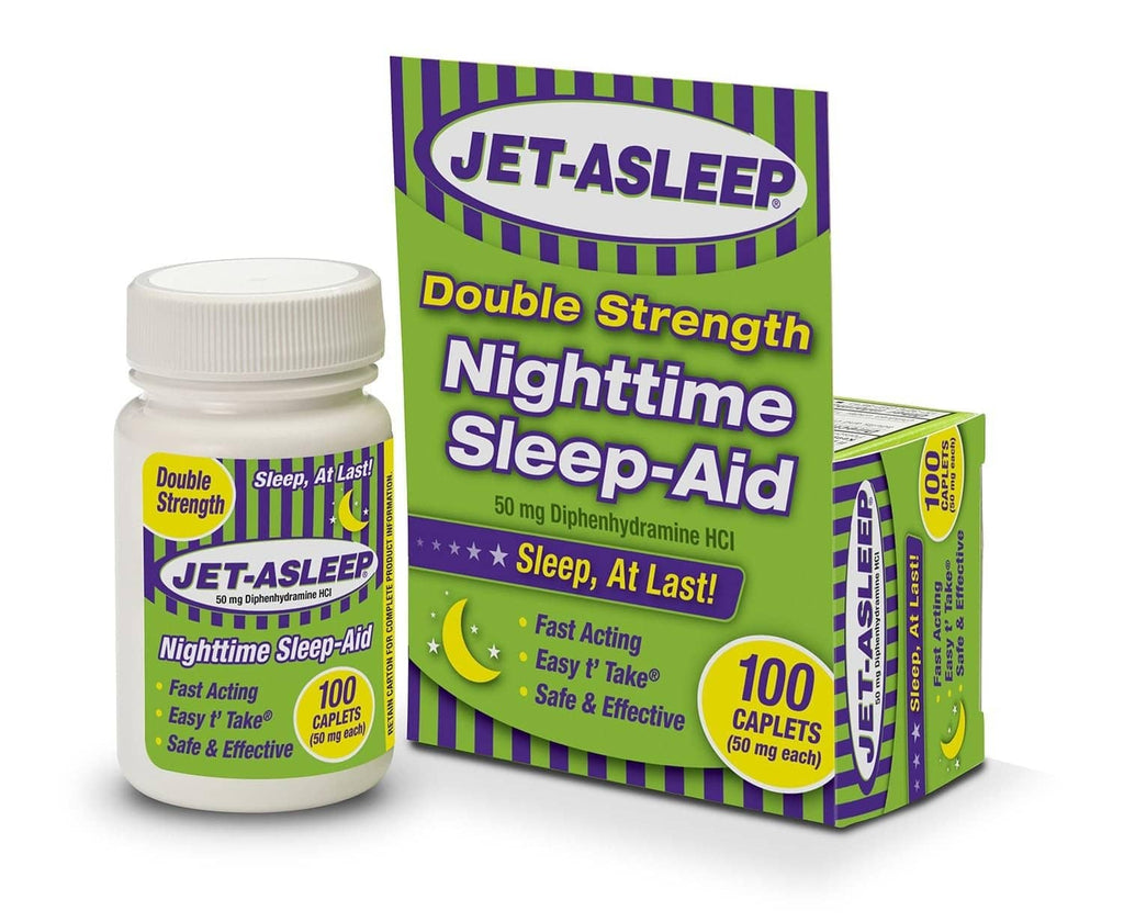 Jet-Asleep double strength nighttime sleep-aid bottle and box, 100 caplets