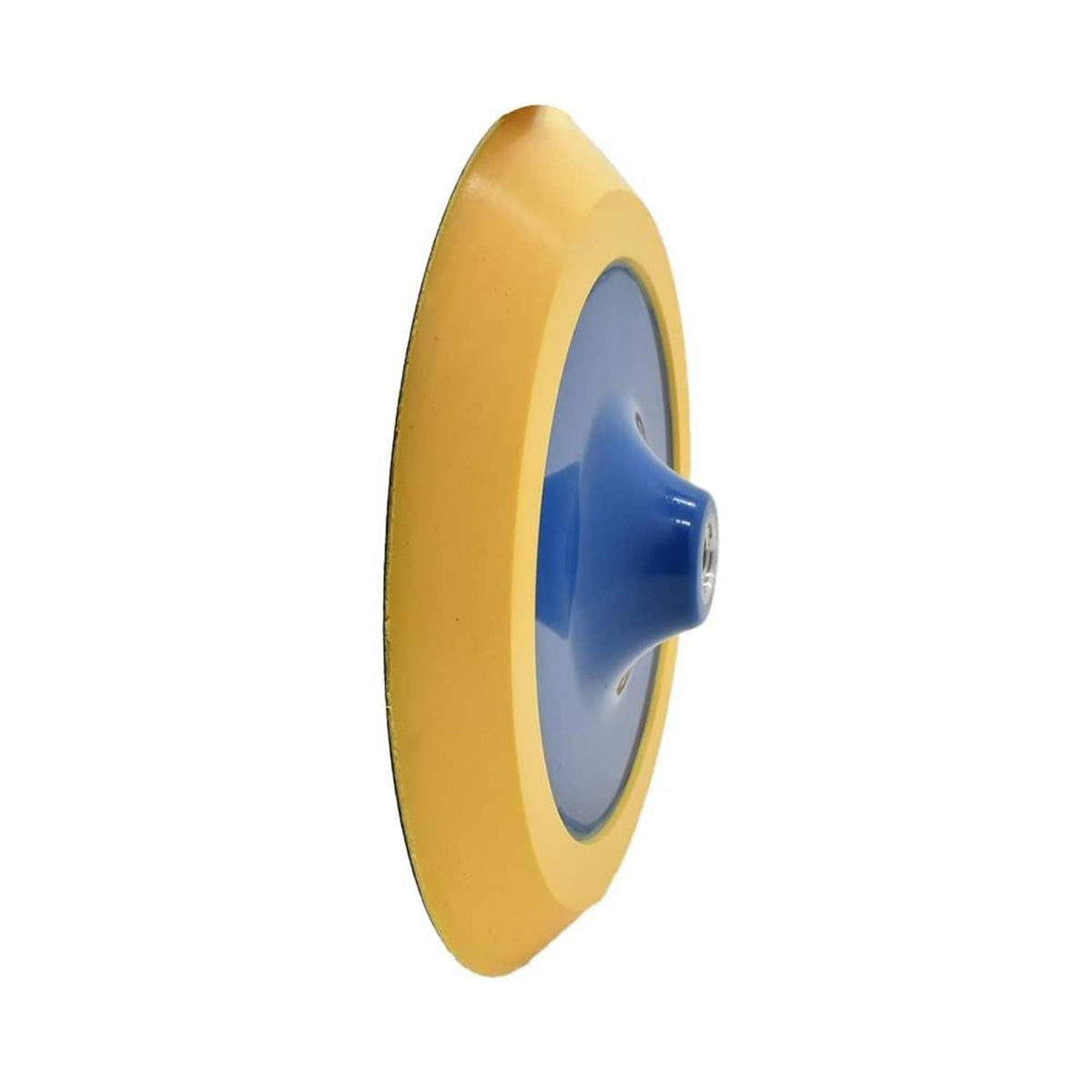 Round sanding pad with yellow backing and blue center, showing threaded hole.