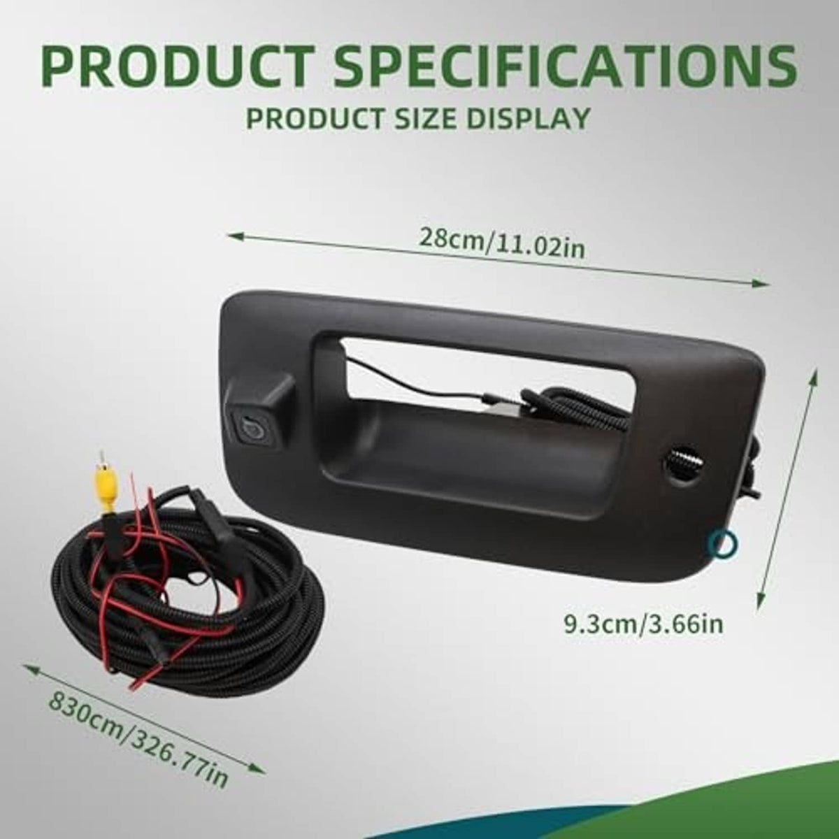 Black rear backup camera housing with mounting frame and attached cable harness