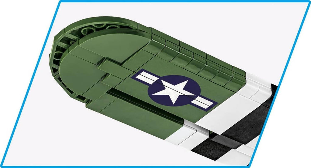Close-up underside of green WACO CG-4 wing with star insignia and black-and-white stripes