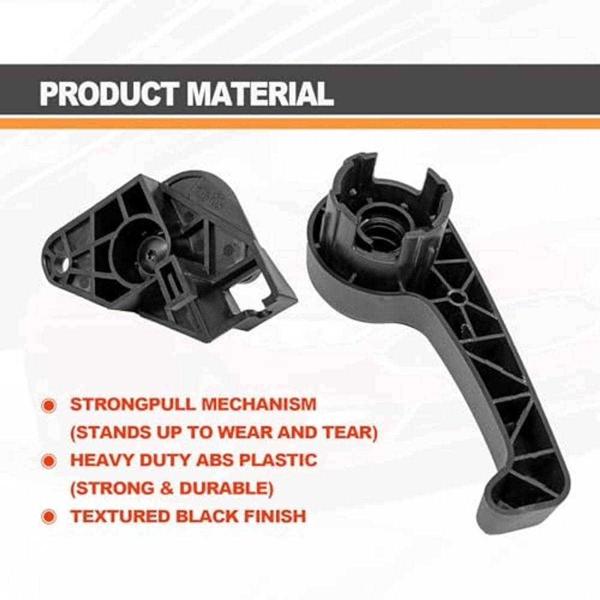 Textured black hood release handle with mounting bracket, molded plastic parts