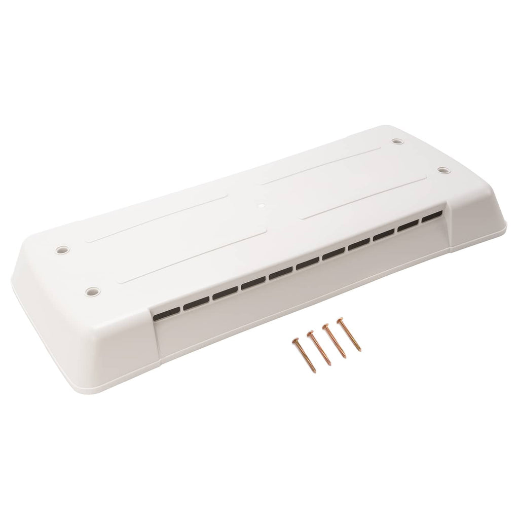 White refrigerator vent cover with long vent grille opening and mounting screws