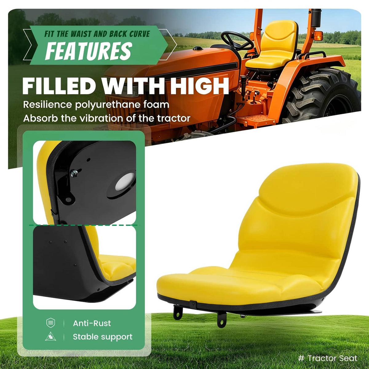 Yellow tractor seat with contoured backrest and black anti-rust mounting plate