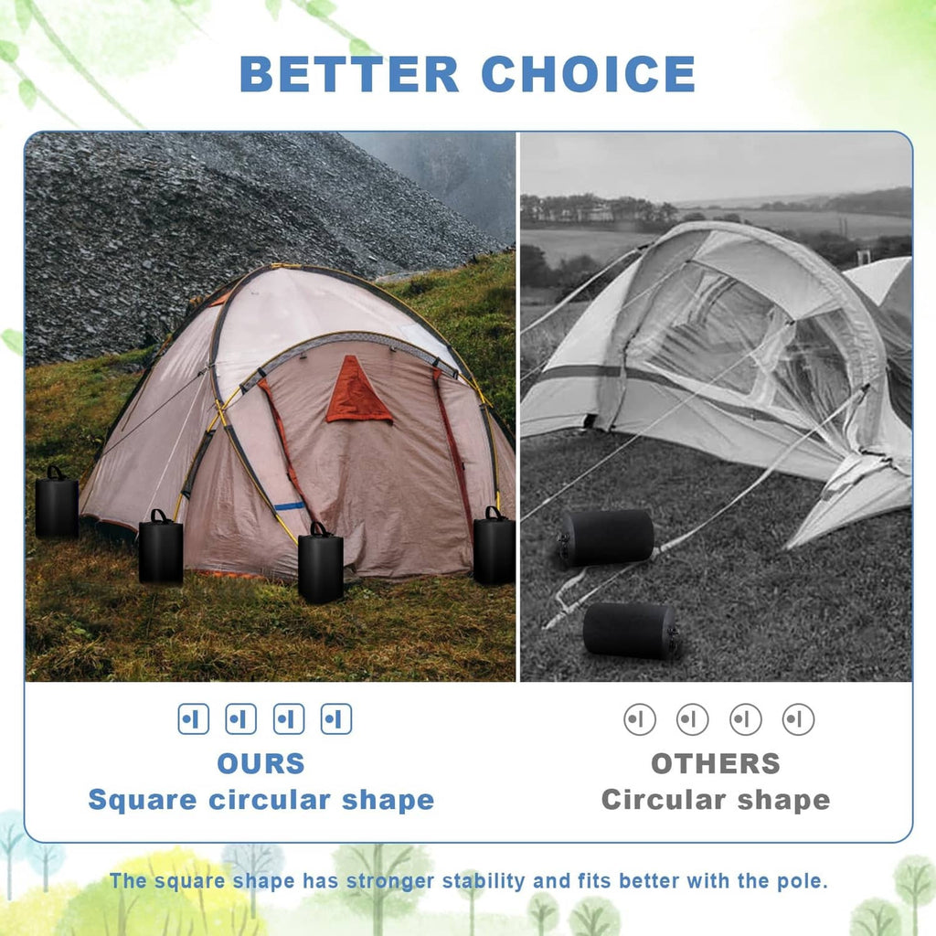 Black canopy water weight bags at tent corners, square shape for stability