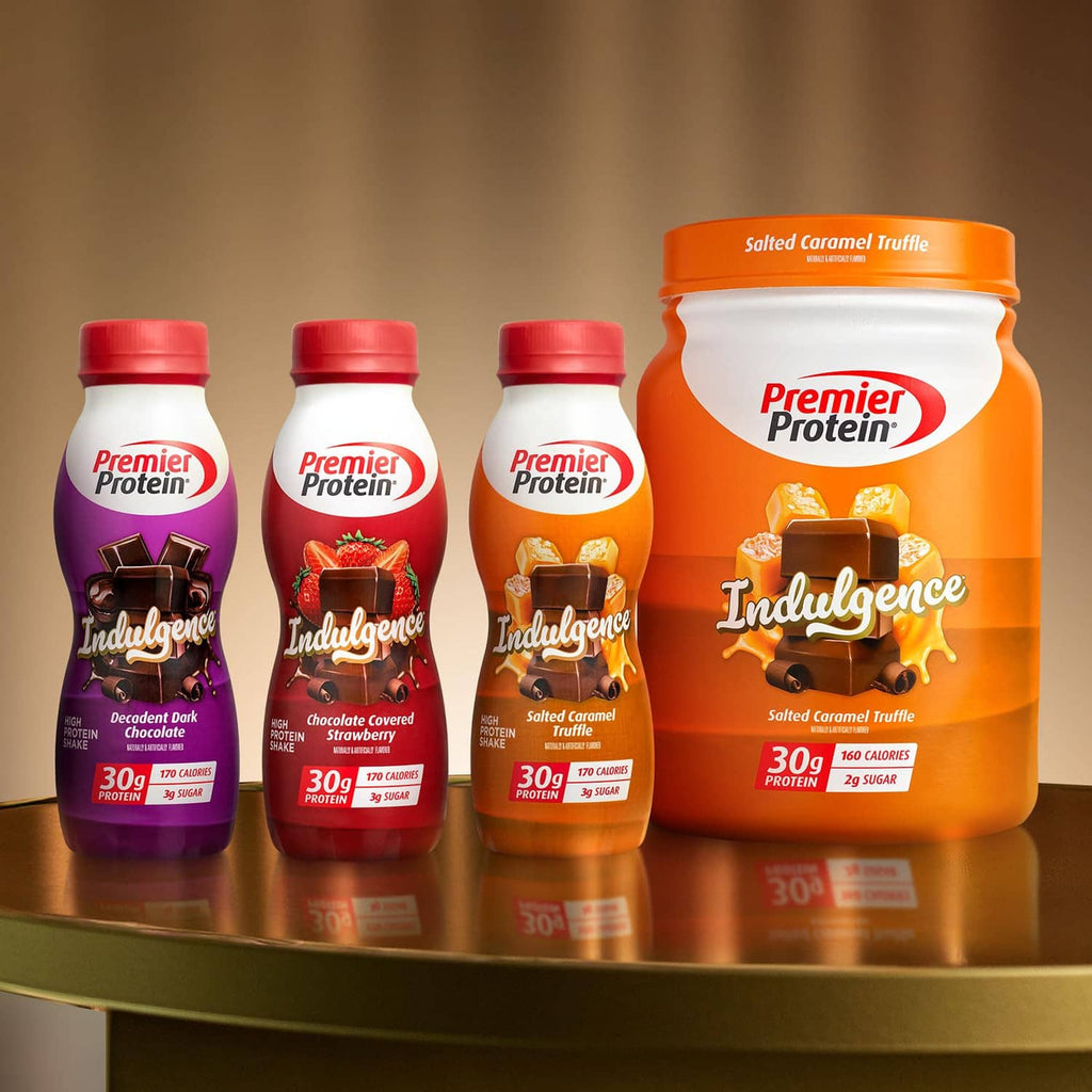 Premier Protein Indulgence variety bottles lineup in dark, cocoa, and caramel flavors