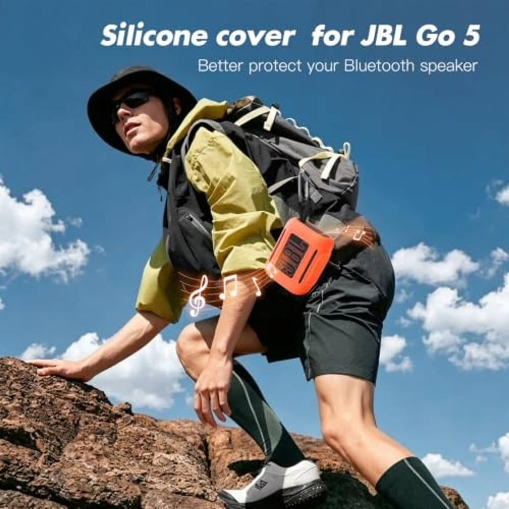 Orange silicone speaker cover with strap loop, side detail visible
