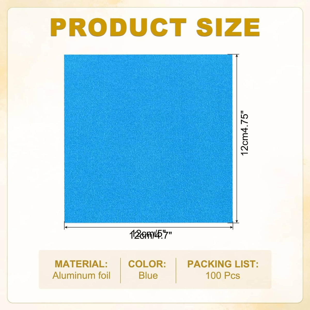 Blue square foil wrapper size diagram, 12 cm x 12 cm, 100 pcs